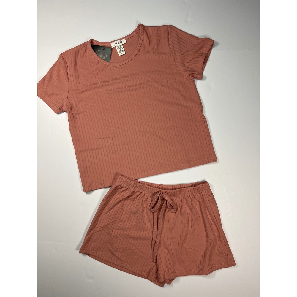 CAPELLA Pink Ribbed Knit 2 Piece Lounge Set Small Crop Top Shorts Loungewear